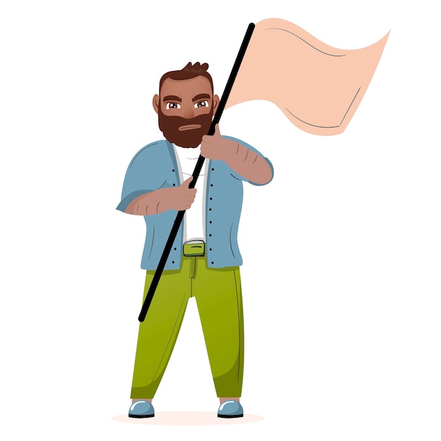 Vector adult bearded man with a large flag in his hand