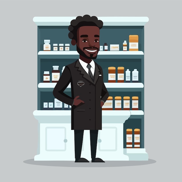 Взрослый темнокожий мужчина, работающий фармацевтом на полке с лекарствами в аптеке на заднем плане