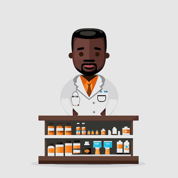 An adult black man working a pharmacist with shelf of drugstore drugs in the background