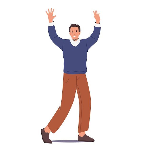 adult businessman in casual clothes waving hands happy man positive emotions male character wearing blue sweater and brown pants isolated on white background cartoon people vector illustration