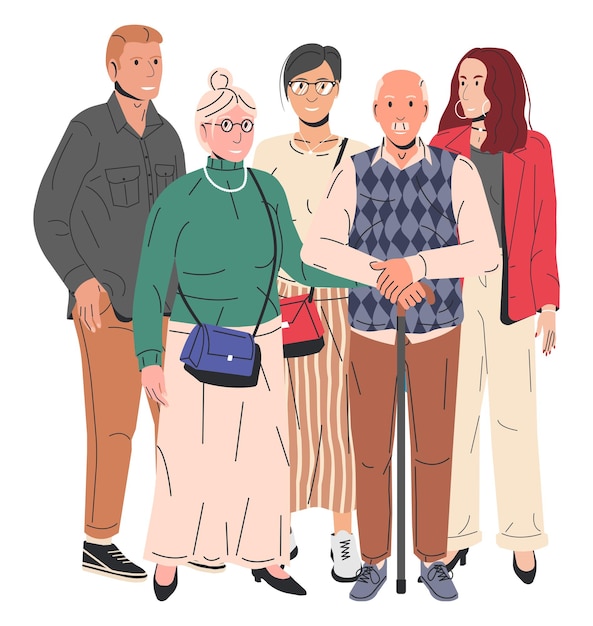 Adult childs hugging old father and mother isolated elderly dad and mom with daughter and son or granddaughter and grandson woman and man embracing his parents happy family flat vector illustration