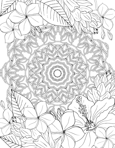 Adult coloring book page Beautiful tropical flowers and mandala