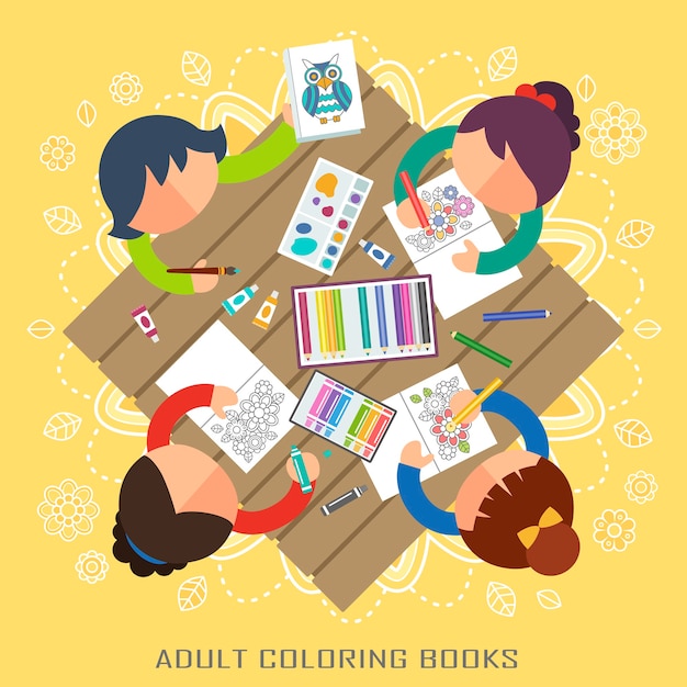 Adult coloring books party in flat design