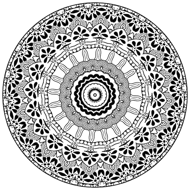 adult coloring page with flowers pattern. black and white doodle wreath. floral mandala.
