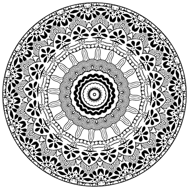 Adult coloring page with flowers pattern. Black and white doodle wreath. Floral mandala.