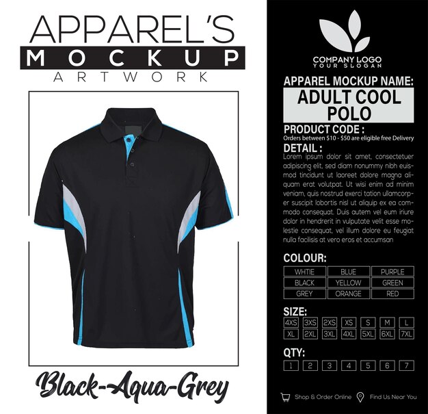 Adult Cool Polo Black Aqua Apparel Mockup Artwork Design