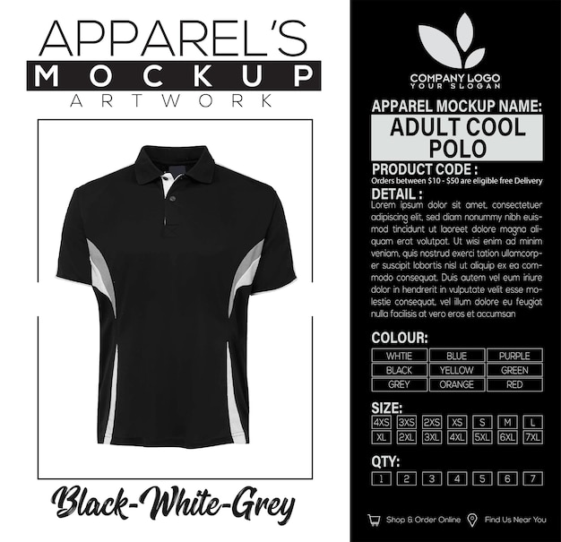 Adult Cool Polo Black White Grey Apparel Mockup Artwork Design