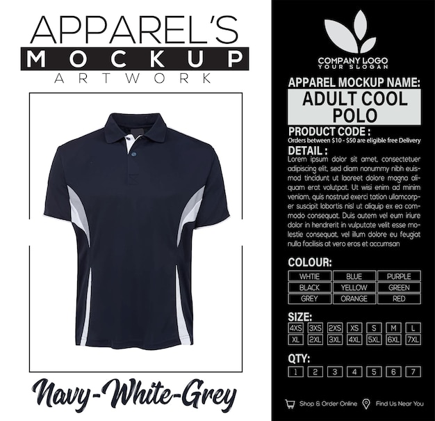 Adult Cool Polo Navy White Grey Apparel Mockup Artwork Design