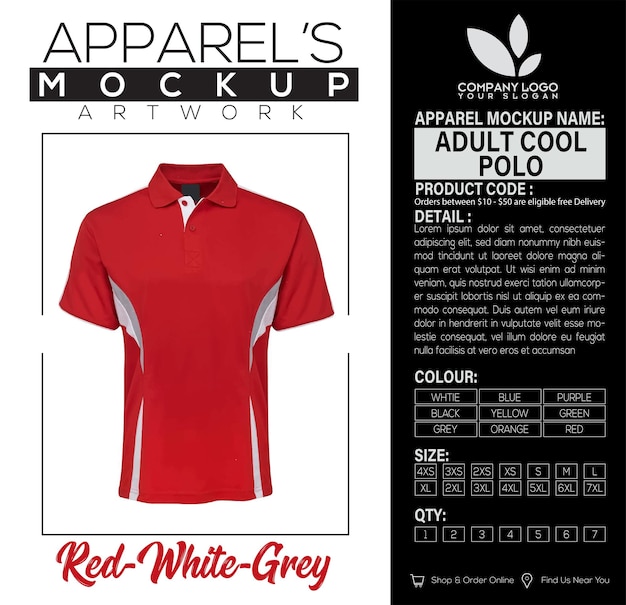 Adult Cool Polo Red White Grey Apparel Mockup Artwork Design