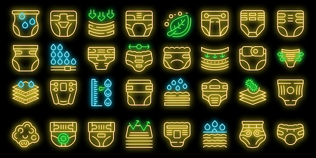 Adult diaper icons set vector neon