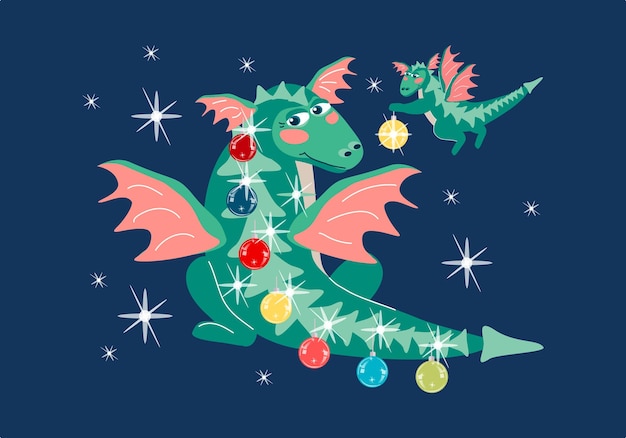 Vector adult dragon as a christmas tree with baby
