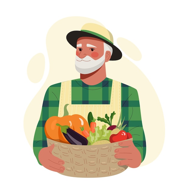 Adult farmer concept male gardener holds basket of ripe vegetables and fruits in his hands eco