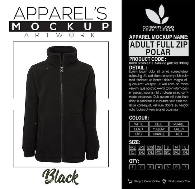 Adult Full Zip Polar Black Apparel Mockup Artwork Design