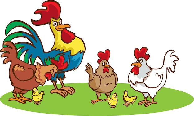 Adult hen and rooster with chickens on a white background. Cute chicken family with their chickens i