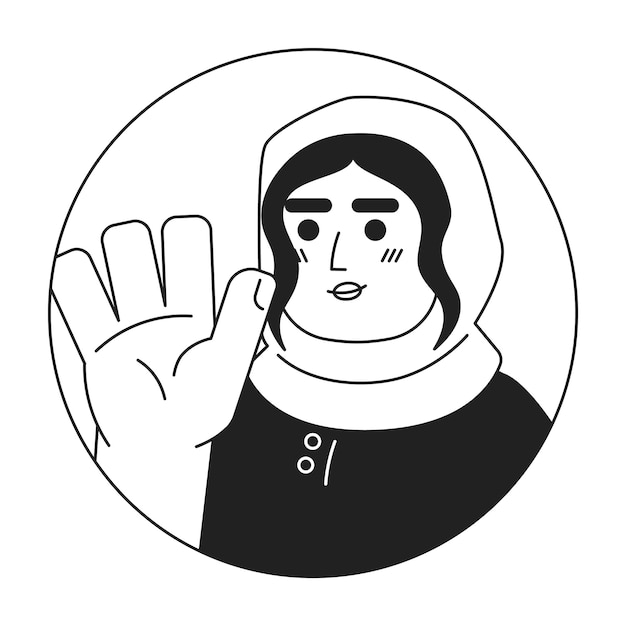 Adult hijab lady saying hi hello black and white 2D vector avatar illustration Goodbye happy young female arabic outline cartoon character face isolated Non verbal acknowledge flat portrait