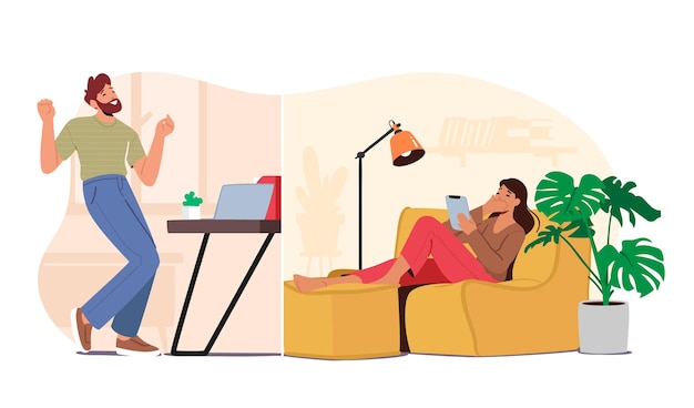 Adult Male and Female Characters Dating Online Man and Woman Look on Tablet or Laptop Screens Feel Positive Emotions
