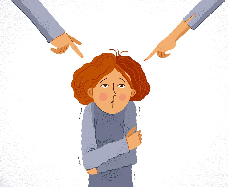 Vector adult man and woman blames and shames young woman or teenager girl, vector concept of shaming and blaming manipulations by people who have authority and power.