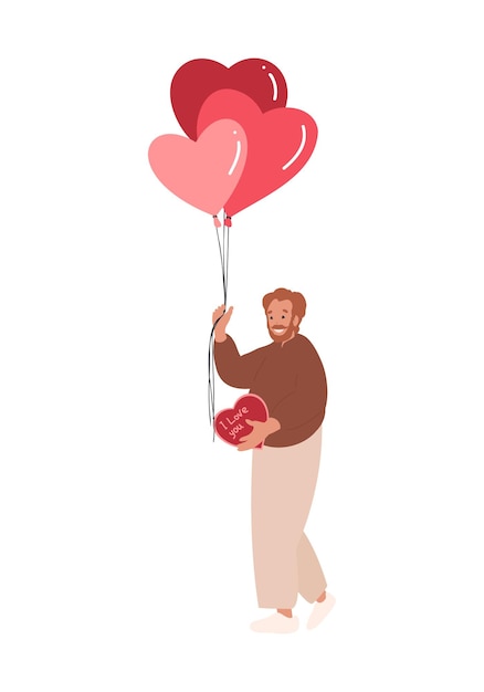 大人で成熟した男性が手にハートの風船とキャンディーの箱を持っている、2 月 14 日に恋をしている男性