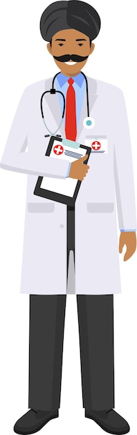 벡터 성인 실무자 인도 응급 의료 의사 반을 입은 남자 평평한 스타일 터의 캐릭터 아이콘