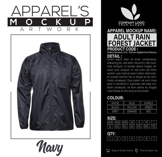 Vettore adult rain forest jacket navy apparel mockup artwork design