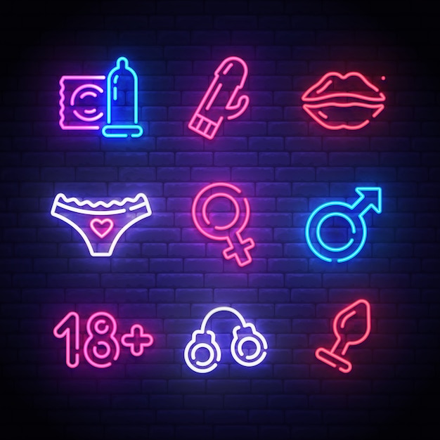 Strumenti per adulti. insegna al neon di sex shop