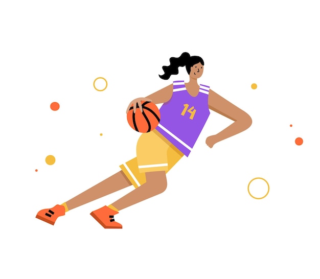 Adult woman cartoon action character. basketball player with ball flat vector isolated illustration