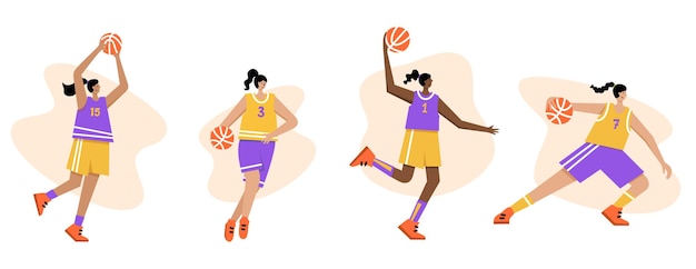 Personaggio d'azione dei cartoni animati di donna adulta. giocatore di basket con illustrazione vettoriale piatto palla isolato