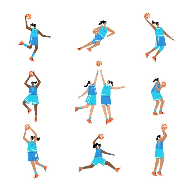 Adult woman cartoon action character. Basketball player with ball flat vector isolated illustration