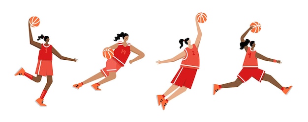 Adult woman cartoon action character. Basketball player with ball flat vector isolated illustration