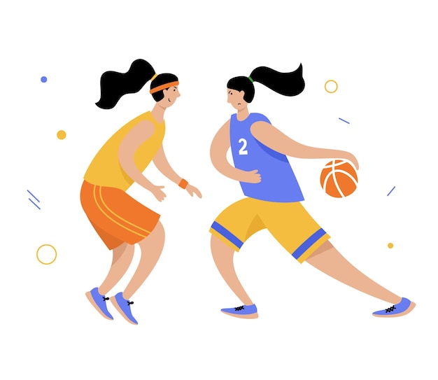 Personaggio d'azione dei cartoni animati di donna adulta. giocatore di basket con illustrazione vettoriale piatto palla isolato