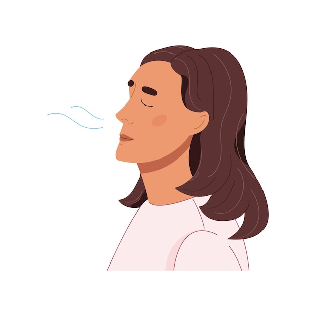 Adult woman doing breathing exercises. Female deep inhales and exhales air. Relaxation stress relief