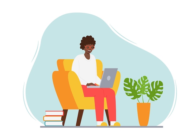 an adult woman is sitting in a chair with a laptop a smiling modern lady uses a computer