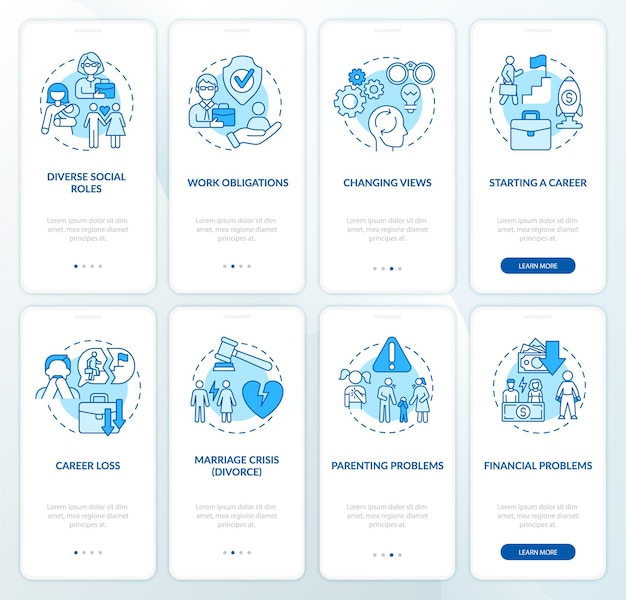 Adulthood development onboarding mobile app page screen set. changing views walkthrough 4 steps graphic instructions with concepts. ui, ux, gui vector template with linear color illustrations