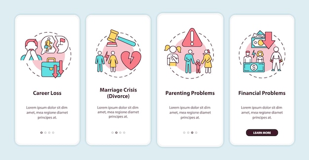 Adulthood problems onboarding mobile app page screen. Self development barriers walkthrough 4 steps graphic instructions with concepts. UI, UX, GUI vector template with linear color illustrations