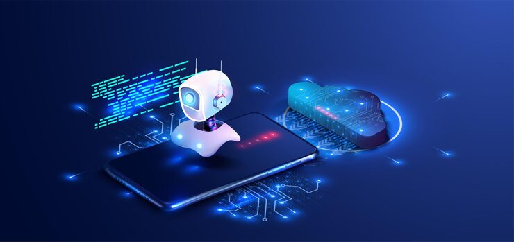 Vector advanced ai robot connected to digital cloud systems with binary code background digital brain neural network ai servers and robots technology artificial bot mind vector illustration