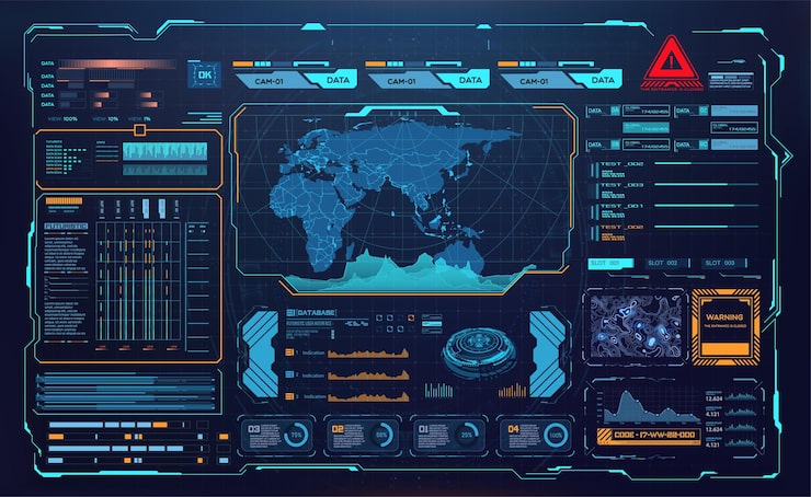 Vector advanced global surveillance interface with data analytics and world map monitoring hud ui gui data screen digital dashboard interface and virtual infographics in futuristic style