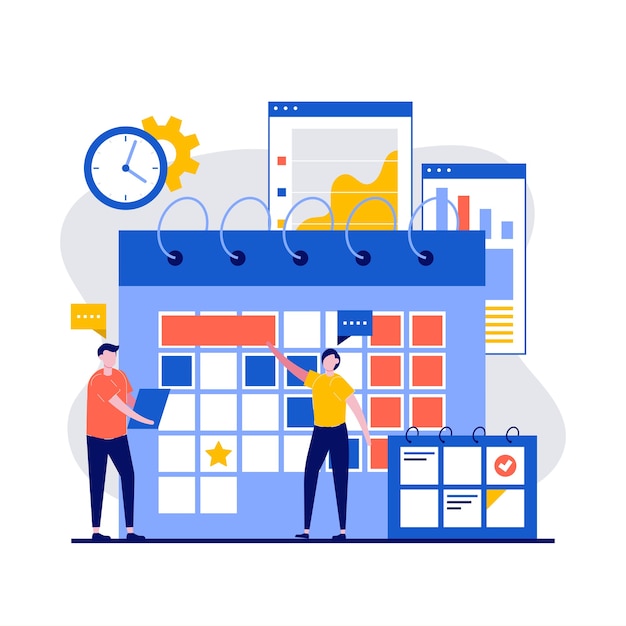 ベクトル 人々との高度な計画は、フラットデザインで会議タスクの計画管理スケジュールを作成します