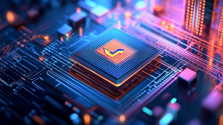 Vector advanced technology concept visualization circuit board cpu processor microchip starting artificial intelligence digitalization of neural networking and cloud computing digital lines move data