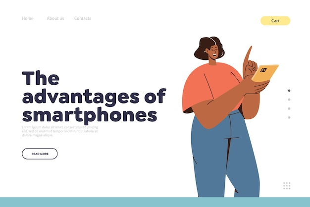 Advantage of smartphone landing page design template with pretty woman using mobile applications