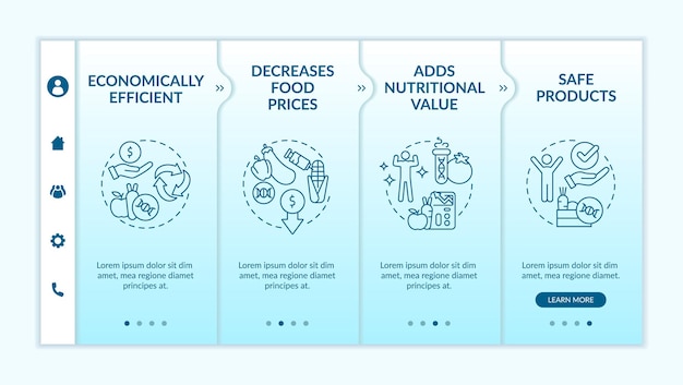 Gmo 청록색 그라데이션 온보딩 템플릿의 장점 음식 문제 선형 개념 아이콘이 있는 반응형 모바일 웹사이트 웹 페이지 설명 4단계 화면 Latobold 일반 글꼴 사용