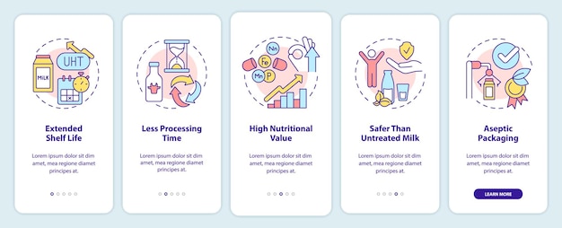 UHT 우유 온보딩 모바일 앱 화면의 장점. 저온 살균 연습 5단계 그래픽 지침 페이지(선형 개념 포함). UI, UX, GUI 템플릿입니다. 무수히 많은 Pro-Bold, 일반 글꼴 사용