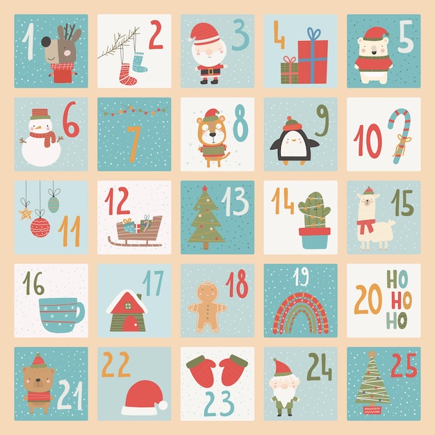 Calendario dell'avvento. manifesto di natale. stile di disegno a mano con numeri di natale