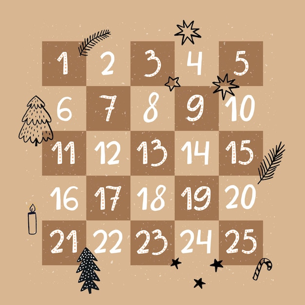 Вектор Адвентный календарь на коричневой крафт-бумаге отсчет до рождества с рисунками праздников иллюстрации векторный шаблон для праздничного плаката и дизайна подарков