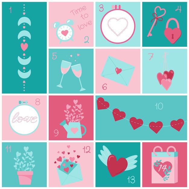 Advent calendar Valentine's Day The 14th of February Set of Happy Valentine's Day elements