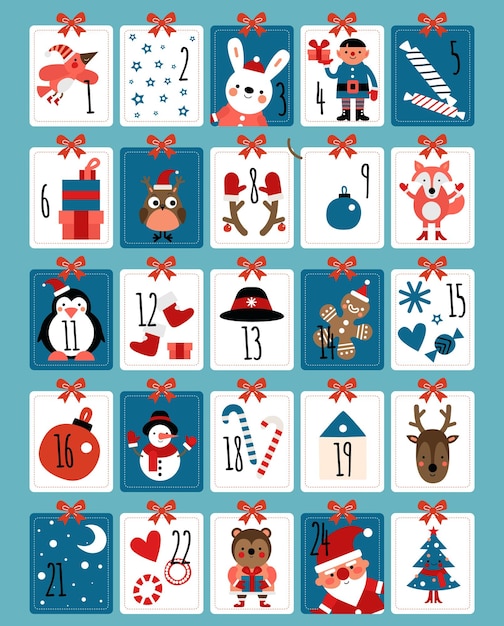 アドベントカレンダー。冬のクリスマスの数字、かわいい意外なカード。クリスマスプレゼント動物、サンタクロースの雪片。 12月ギフトベクトルイラスト。クリスマスの休日、カレンダー番号への挨拶の装飾