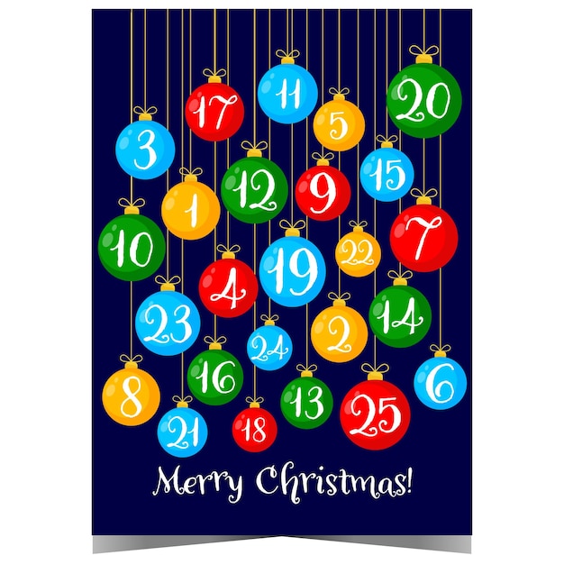 Advent calendar with Christmas balls hanging on a string and inscription Merry Christmas