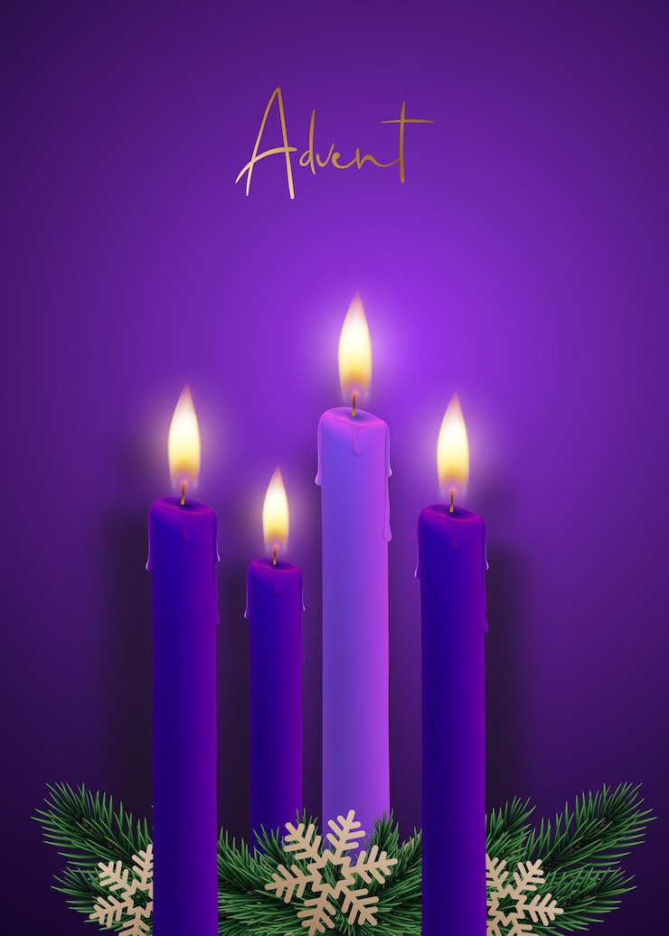 Vector advent candles on a dark purple background 4 realistic violet candles