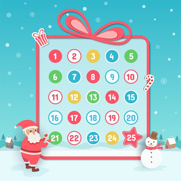 Advent kalender kerstmis achtergrond met de kerstman en sneeuwpop