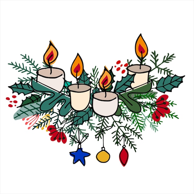 Advent wreath with Christmas tree branches baubles ornaments candles on white background