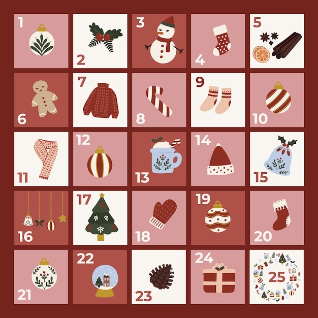 Adventkalender en kerstversiering Met de hand getekende ontwerpelementen Kleurrijke met de hand getekende vector